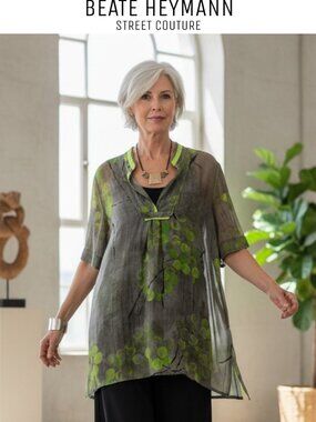 Beate Heymann Street Couture Sheer Art Tunic Top L Abstract Print Lime Rare